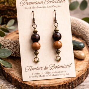 Earth tone wood bead dangle earrings featuring two tone brown beads with copper hooks, lightweight handmade jewelry for everyday wear