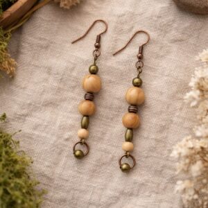 golden wood bead dangle earrings with olive and honey tones and copper hooks, lightweight rustic handmade drop earrings for everyday wear