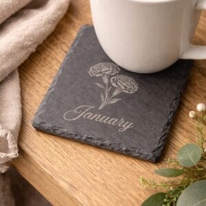 Carnation Slate Coaster – January Birth Flower Engraved Gift