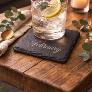 february birth flower slate coaster with engraved iris design on natural stone, handmade botanical coaster for birthday gift and home decor