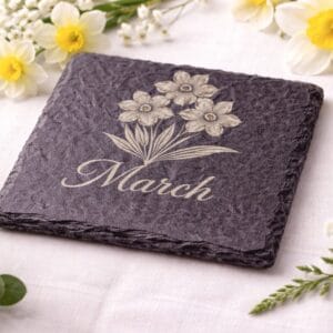 march birth flower slate coaster with engraved daffodil design on natural stone, handmade botanical coaster for birthday gift and home decor