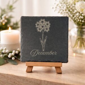 december birth flower slate coaster with engraved narcissus design on natural stone, handmade botanical coaster for birthday gift and winter home decor