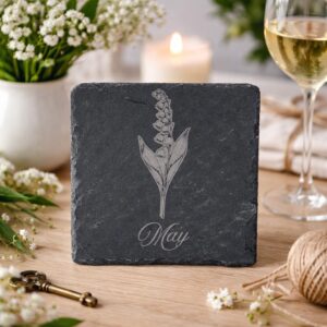 may birth flower slate coaster with engraved lily of the valley design on natural stone, handmade botanical coaster for birthday gift and home decor