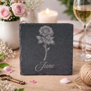 june birth flower slate coaster with engraved rose design on natural stone, handmade botanical coaster for birthday gift and home decor