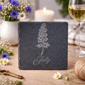 july birth flower slate coaster with engraved larkspur design on natural stone, handmade botanical coaster for birthday gift and home decor