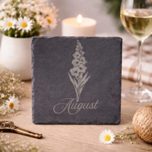august birth flower slate coaster with engraved gladiolus design on natural stone, handmade botanical coaster for birthday gift and home decor