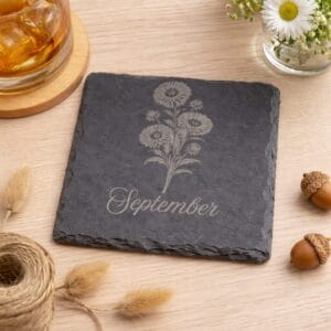 september birth flower slate coaster with engraved aster design on natural stone, handmade botanical coaster for birthday gift and home decor
