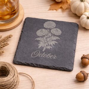october birth flower slate coaster with engraved marigold design on natural stone, handmade botanical coaster for birthday gift and fall home decor