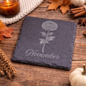 november birth flower slate coaster with engraved chrysanthemum design on natural stone, handmade botanical coaster for birthday gift and fall home decor