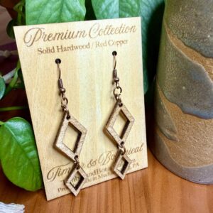 birch wood diamond dangle earrings with geometric cutout design and copper hooks, lightweight handmade boho earrings for everyday wear