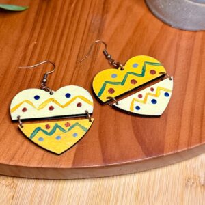 Heart Earrings Wood | Hand Painted Dangle Earrings | Boho Lightweight Statement Jewelry Gift For Her