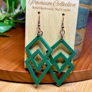 Geometric Wood Dangle Earrings – Layered Diamond Cutout, Red Copper Hooks