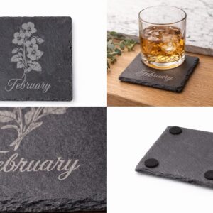 February Birth Flower Engraved Slate Coaster – Violet Floral Gift – Personalized Birth Month Home Decor – Custom Stone Coaster
