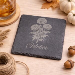 Birth Flower Slate Coaster – Choose Any Month – Engraved Natural Stone Coaster – Birthday Gift – Botanical Decor