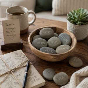Engraved inspirational river rock with the word Faith displayed on a wooden table beside a succulent plant