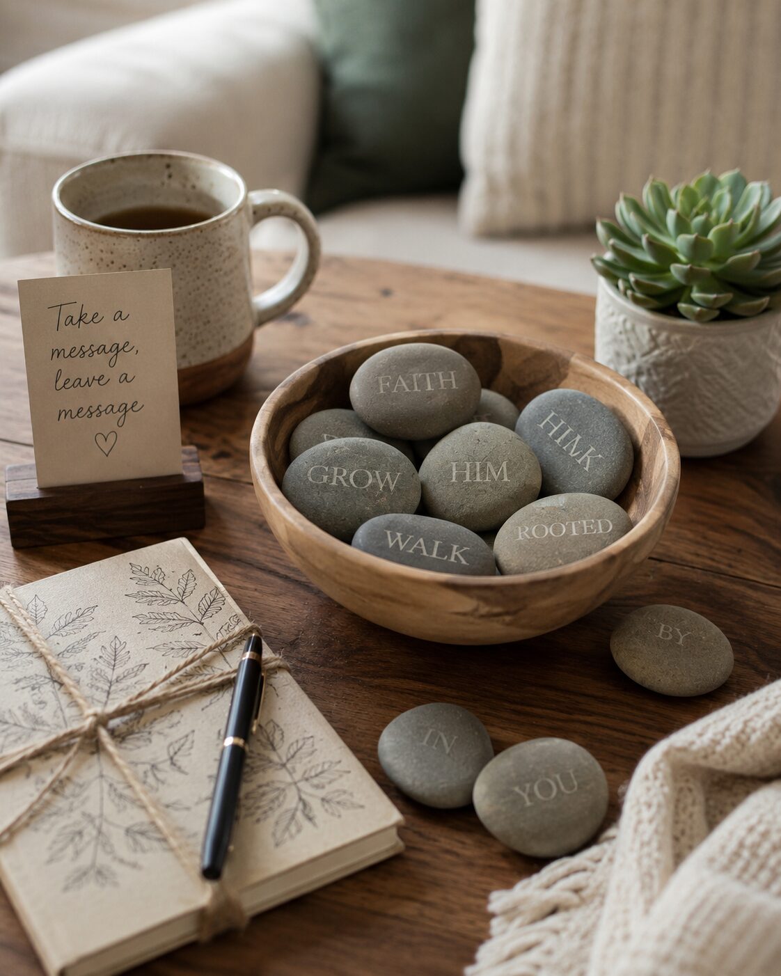 Engraved inspirational river rock with the word Faith displayed on a wooden table beside a succulent plant