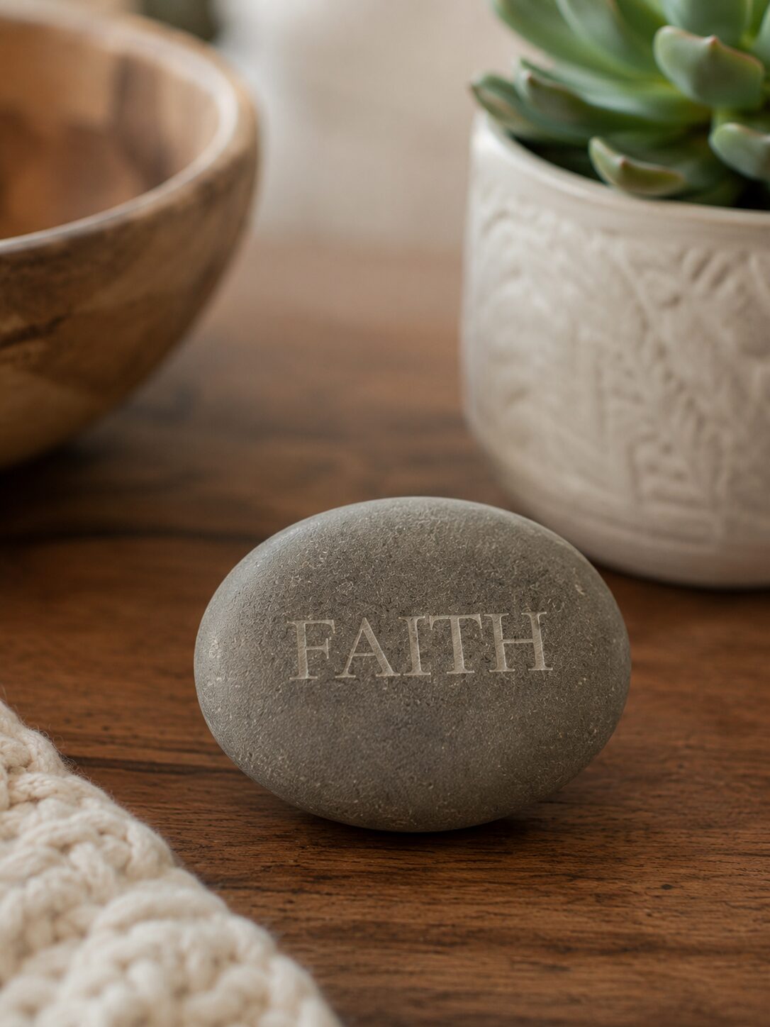 Engraved inspirational river rock with the word Faith displayed on a wooden table beside a succulent plant